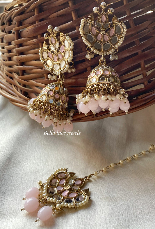 Pink Geet 2.0 Mirror Jhumka with Maangtikka