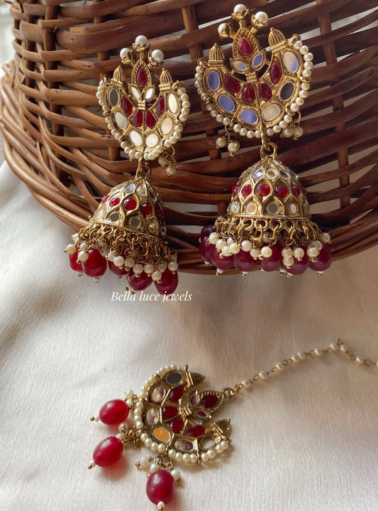 Maroon Geet 2.0 Mirror Jhumka with Maangtikka