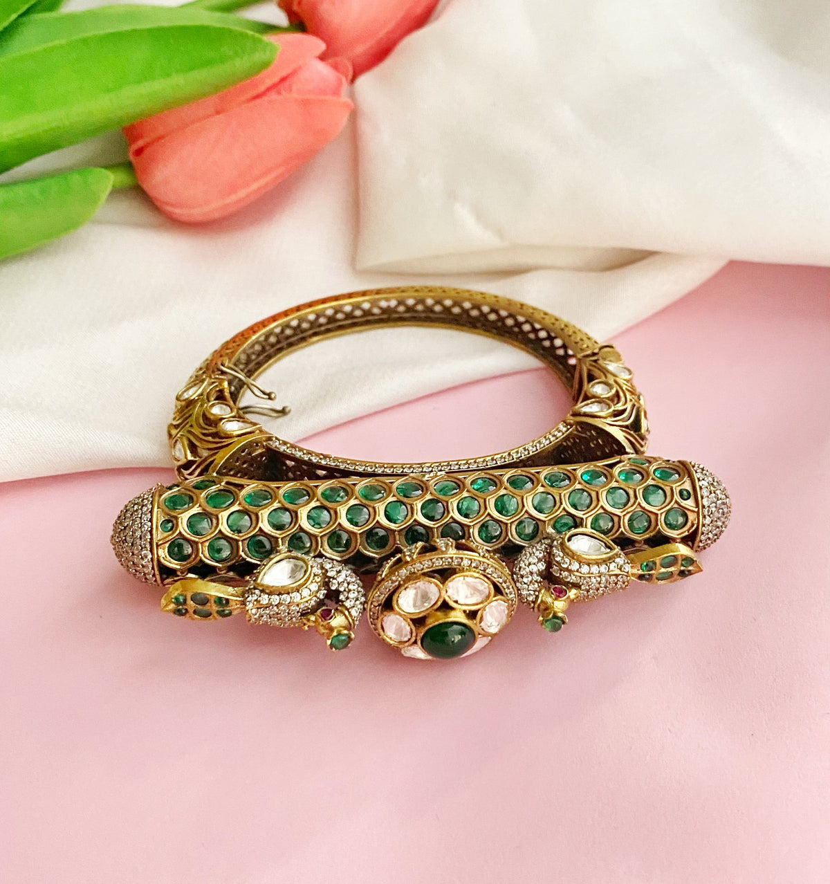 Radhika Green mossionite kundan bracelet