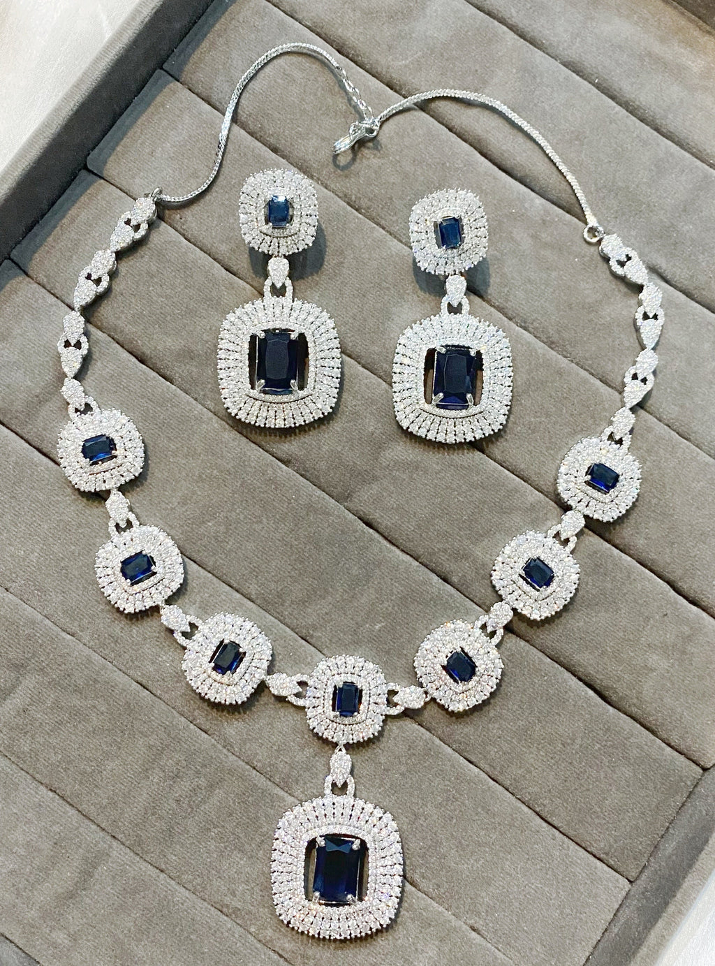 Zeenat navy blue rhodium Plated American diamond ne