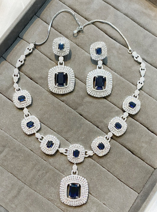 Zeenat navy blue rhodium Plated American diamond ne