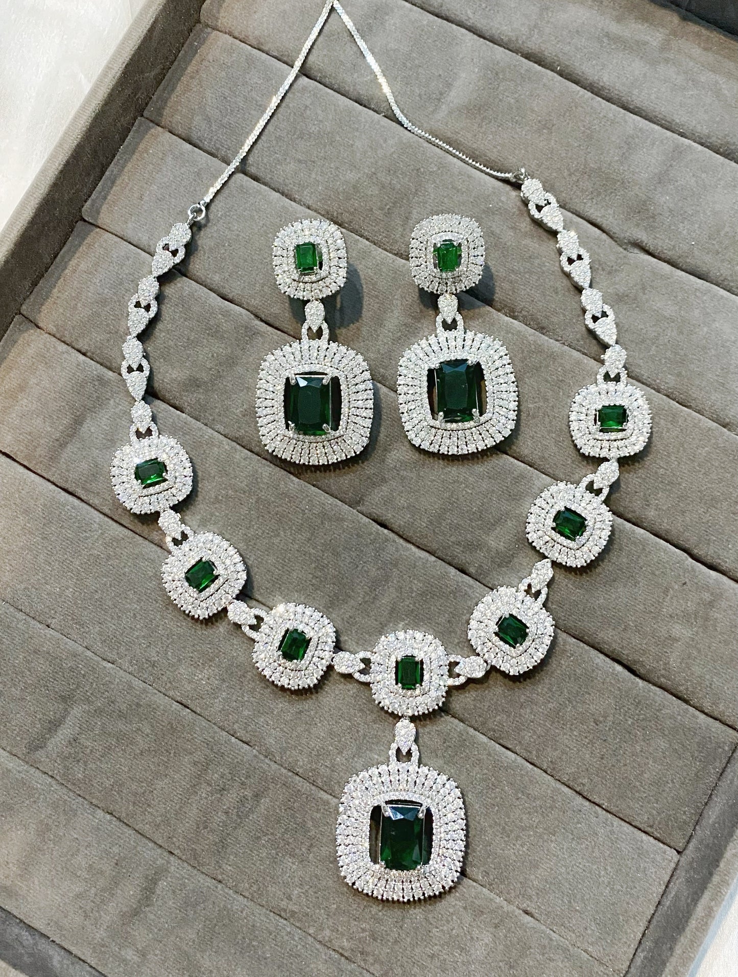 Zeenat Green rhodium Plated American diamond necklace set