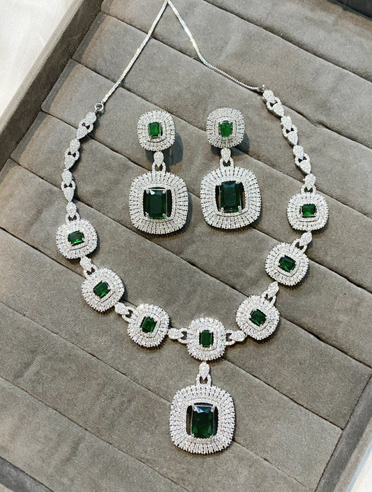 Zeenat Green rhodium Plated American diamond necklace set