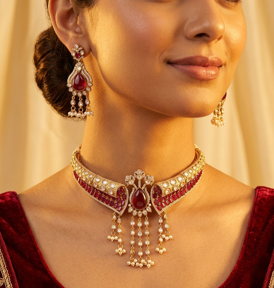Dia red kundan necklace set
