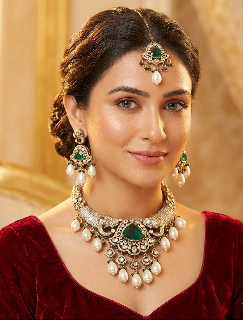 Emerald Ridhika Kundan AD hasli necklace set
