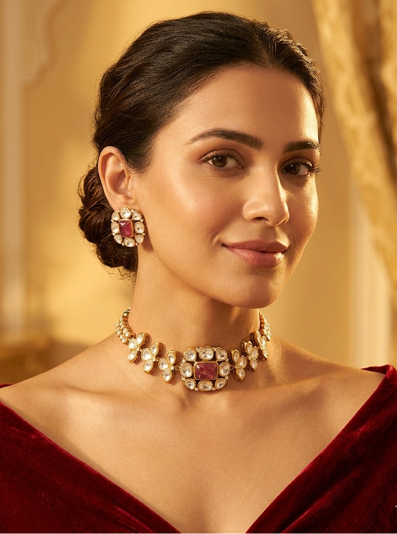 Chaaya Pink Mossionite Kundan Necklace set