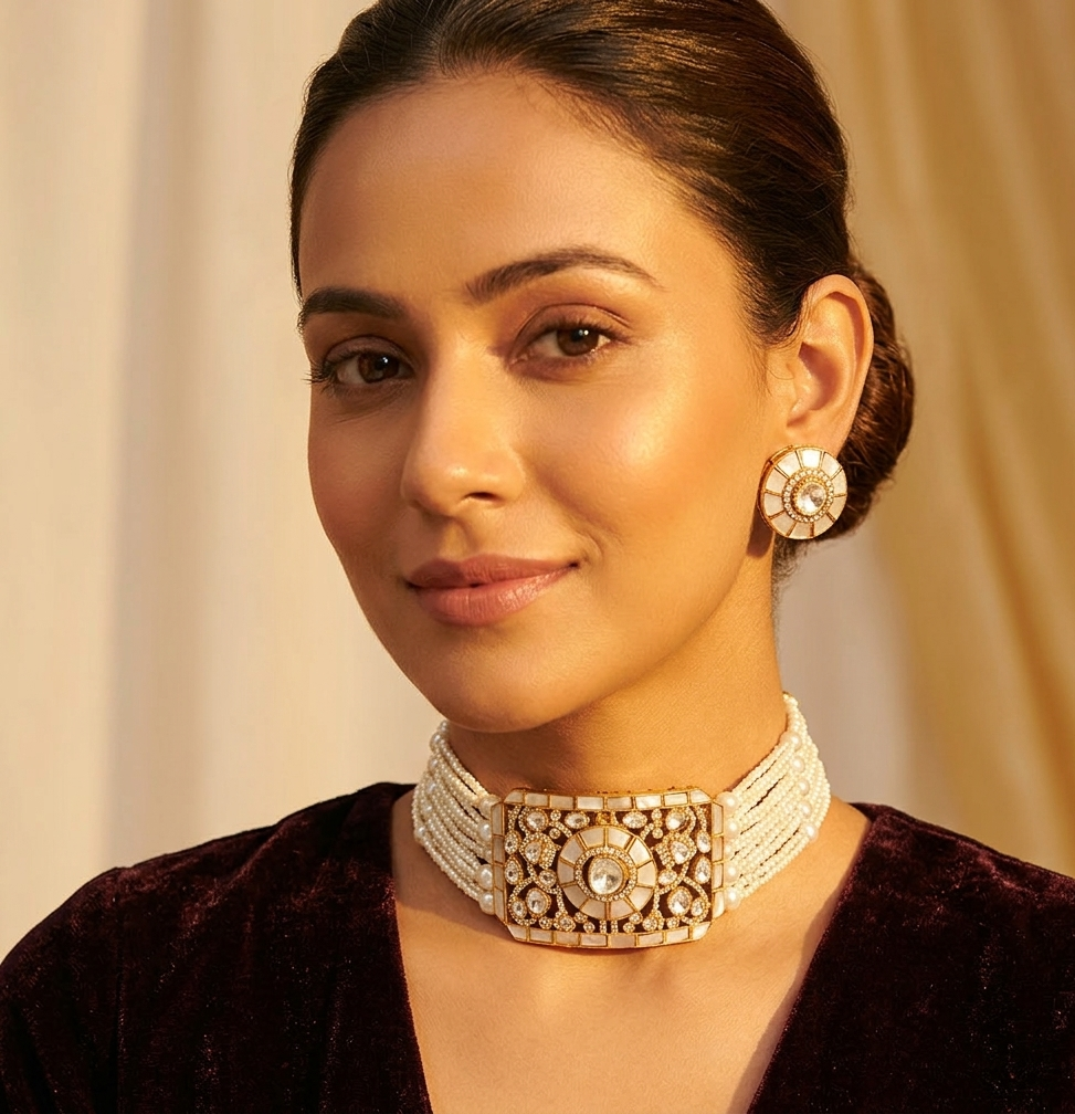 Ivory Nina mossionite kundan choker sets