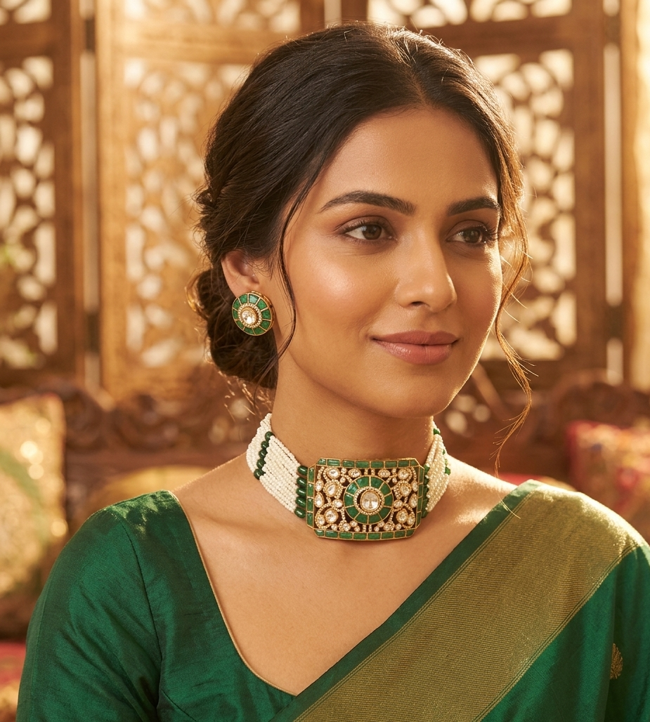 Emerald Nina mossionite kundan choker sets