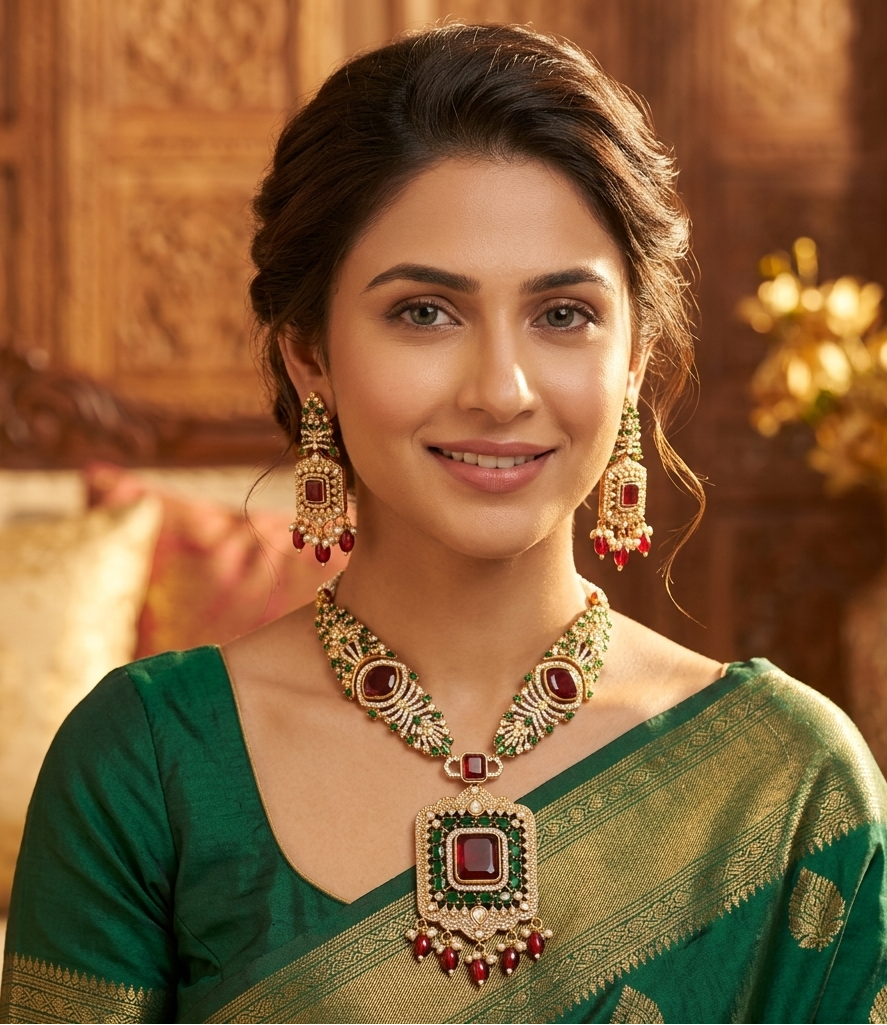 Woman wearing traditional jewelry and a green saree in an elegant setting