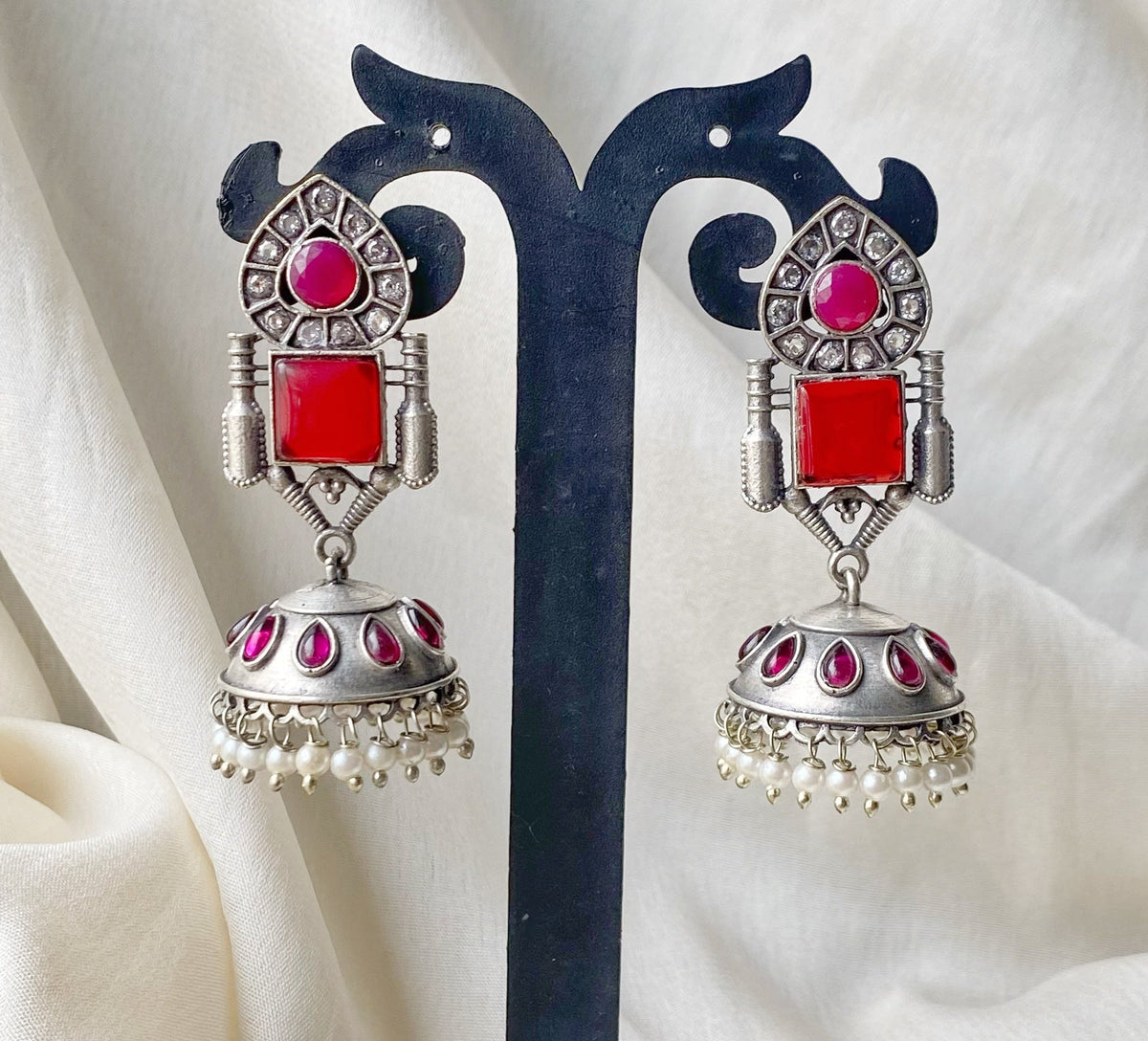 Red manya silver lookalike jhumka