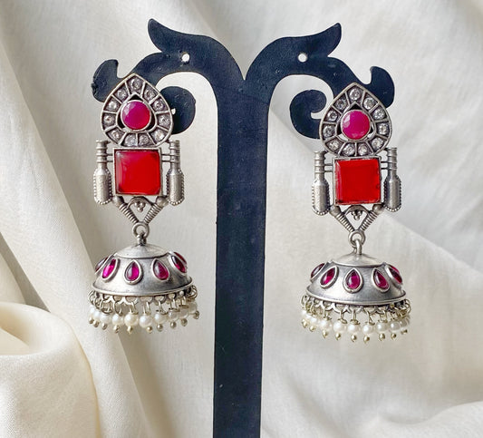 Red manya silver lookalike jhumka