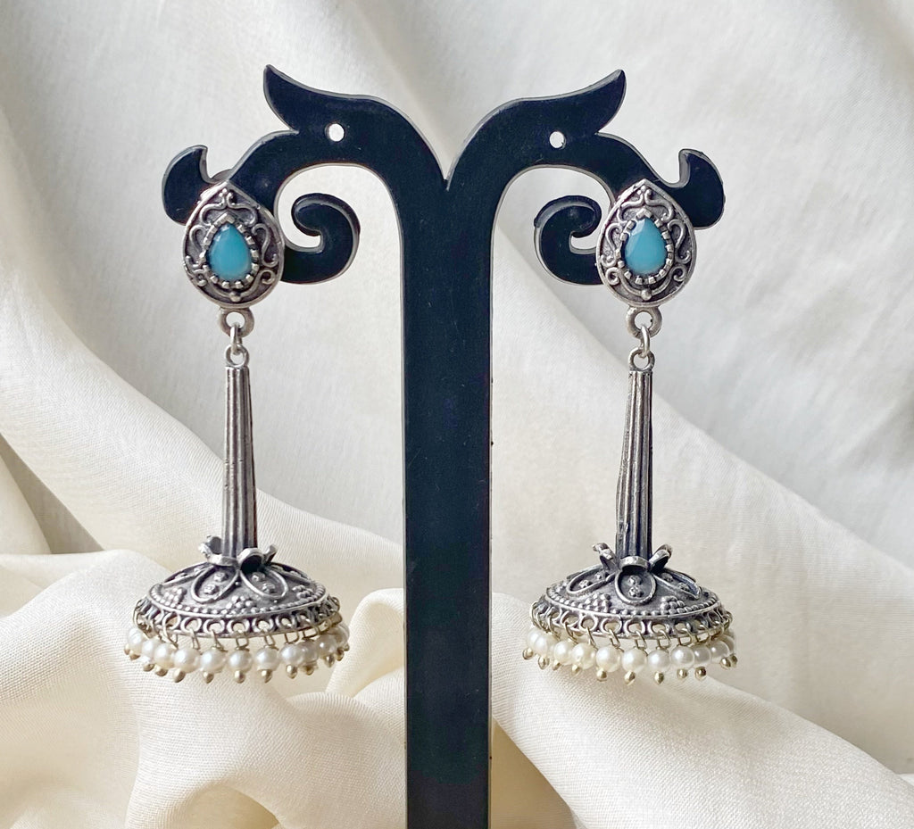 Turqoise silver oxidised jhumka