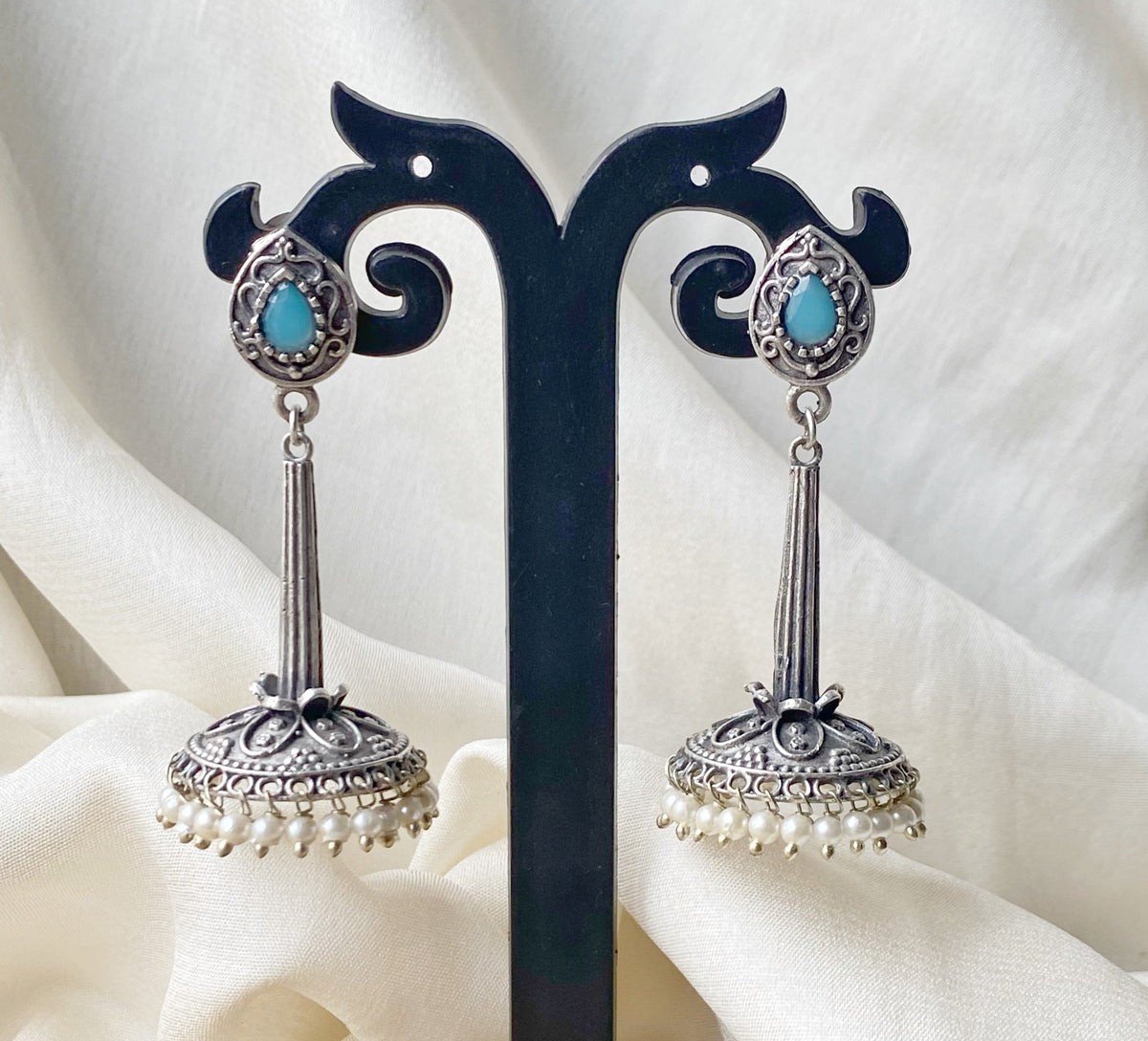 Turqoise silver oxidised jhumka