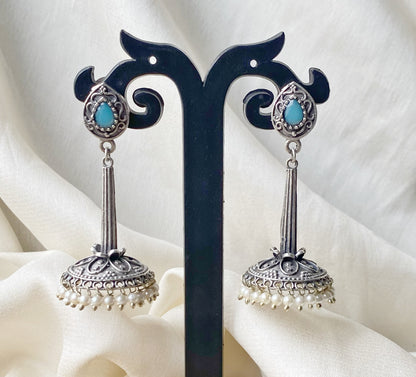 Turqoise silver oxidised jhumka