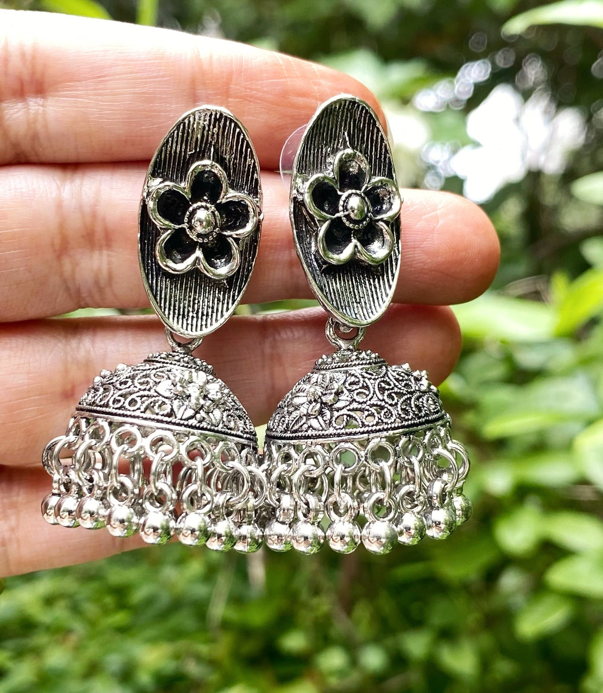 Floral oxidised jhumki