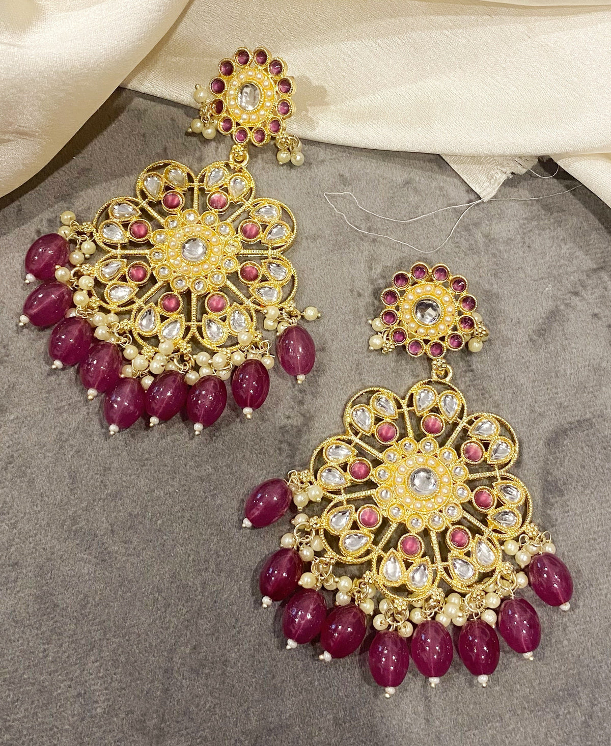Wine Kanak kundan chandbali earrings