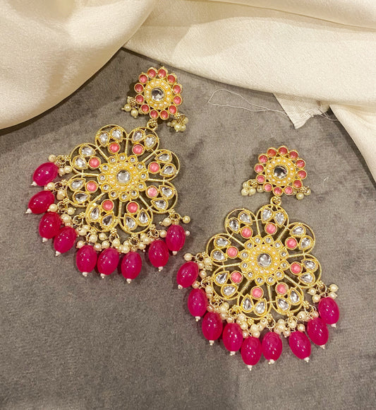 Dark Pink Kanak kundan chandbali earrings