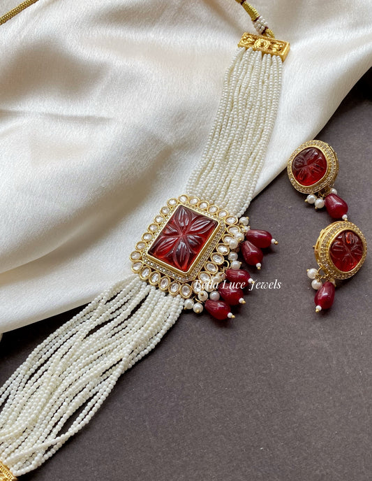 Red Anushka Choker Necklace Set