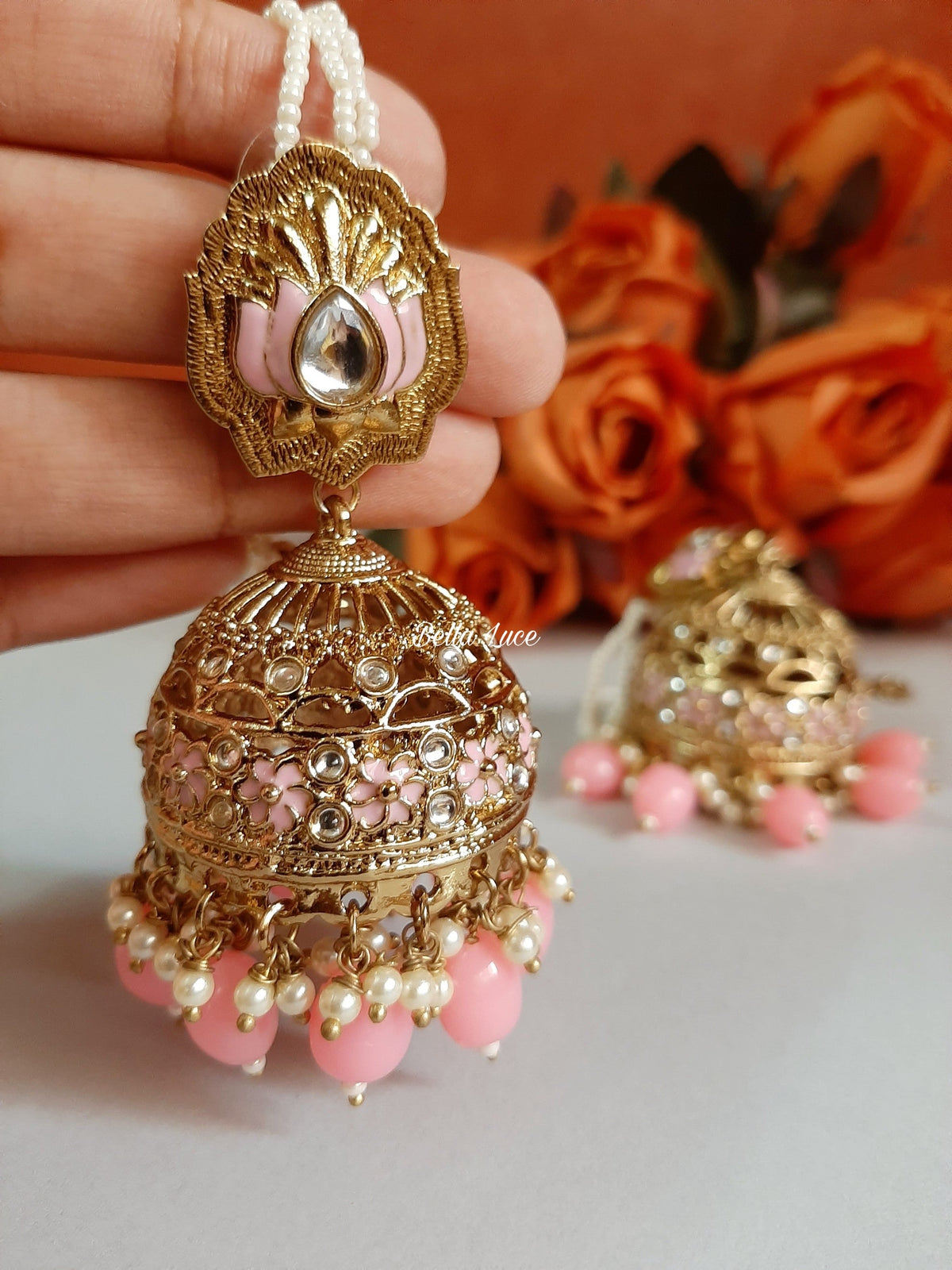 Peach Sajda Kundan Jhumka