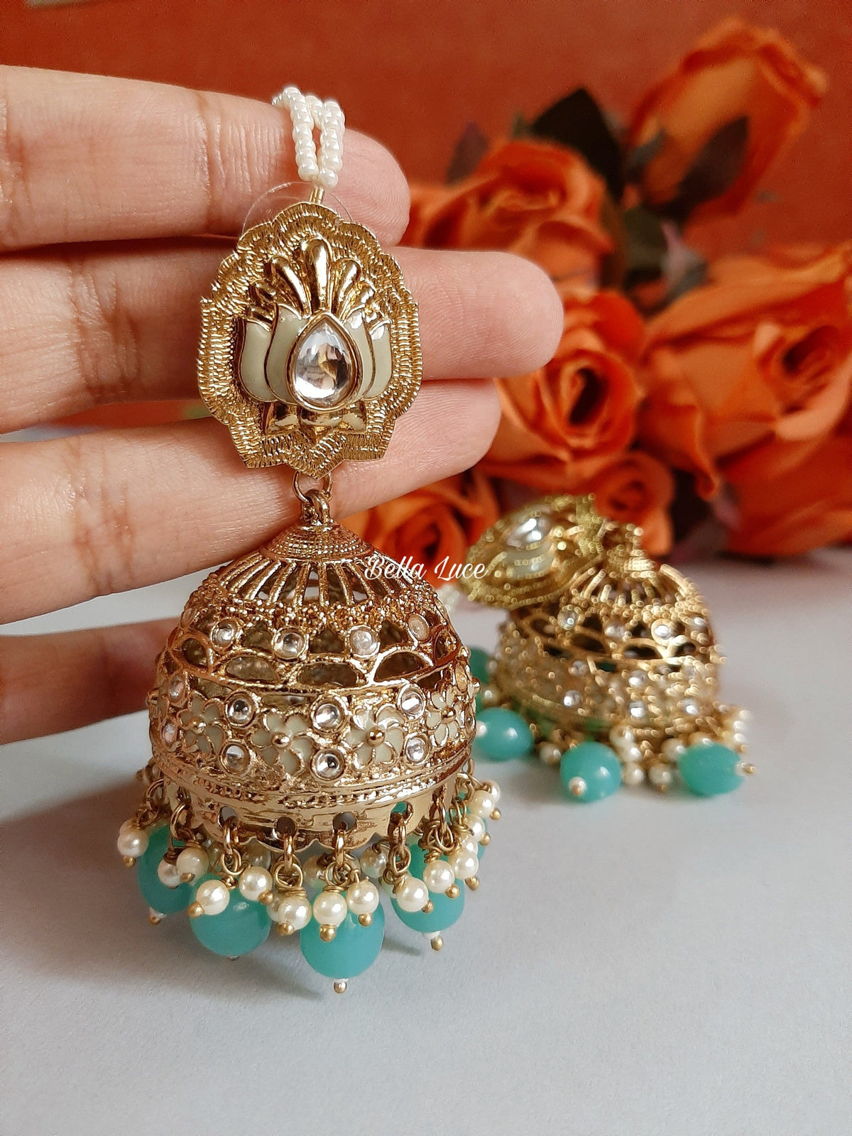 Aqua Blue Sajda Kundan Jhumka